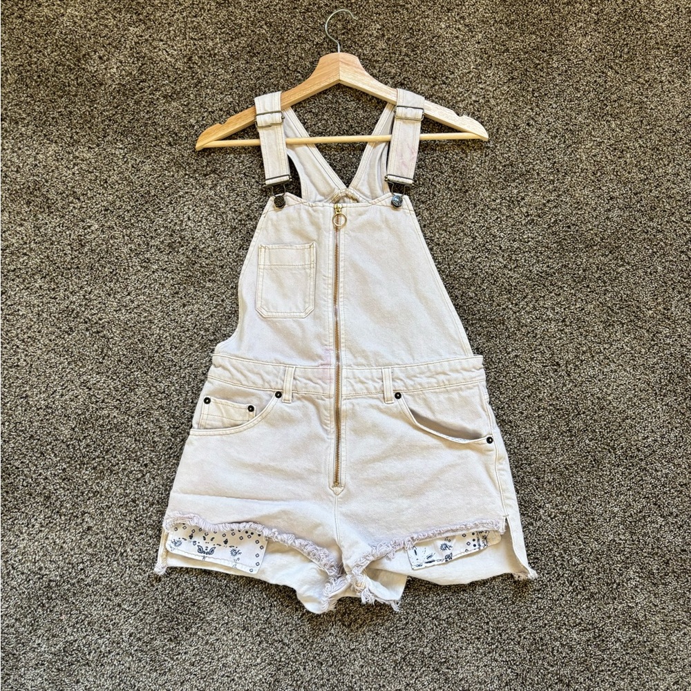 Cream Denim Overalls with Floral Trim